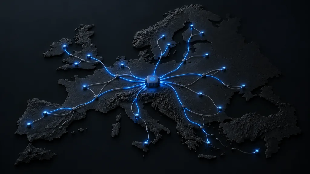 A dark map of Europe with routes branching from one central point to cities across the continent