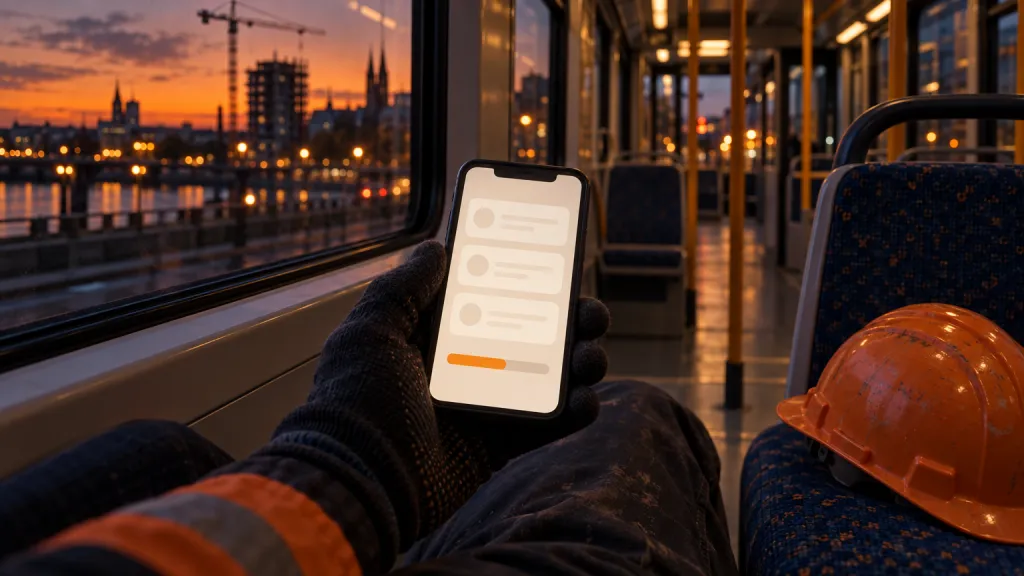 A construction worker on an evening tram holding a phone with study cards and a progress bar, an orange hard hat on the seat next to them