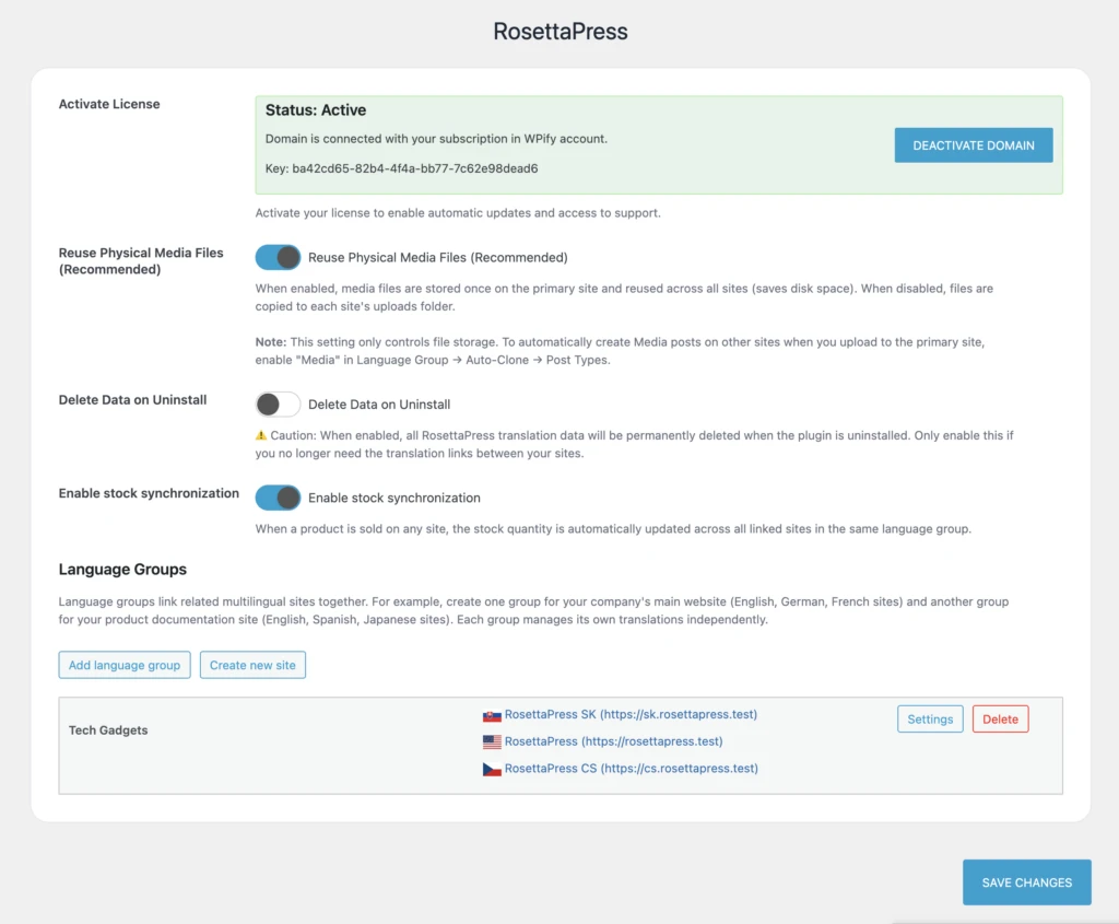 RosettaPress network settings: an active license, Reuse Physical Media Files turned on, and a language group linking the English, Czech and Slovak sites