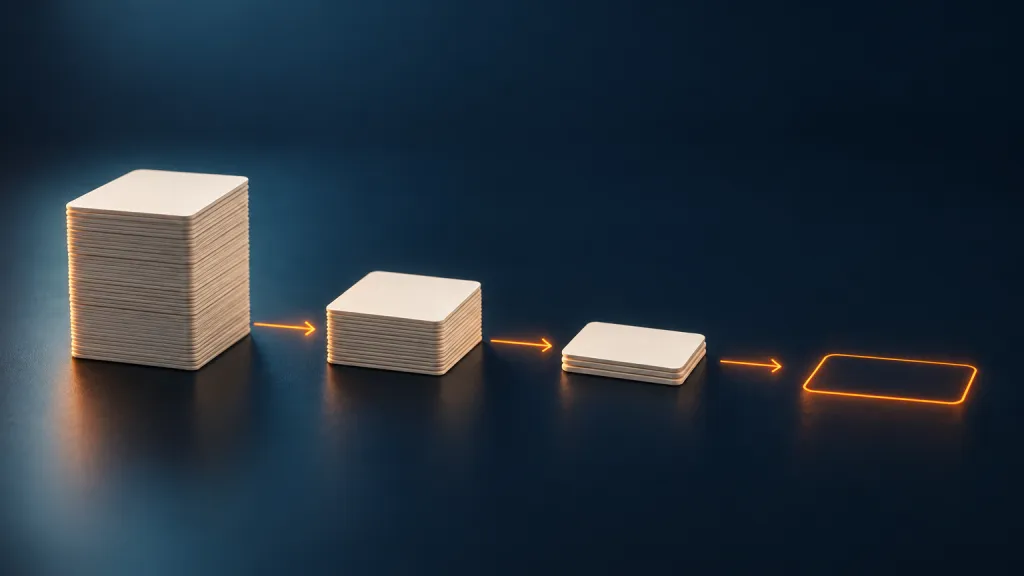 Four stacks of blank cards shrinking from left to right, ending in an empty orange outline
